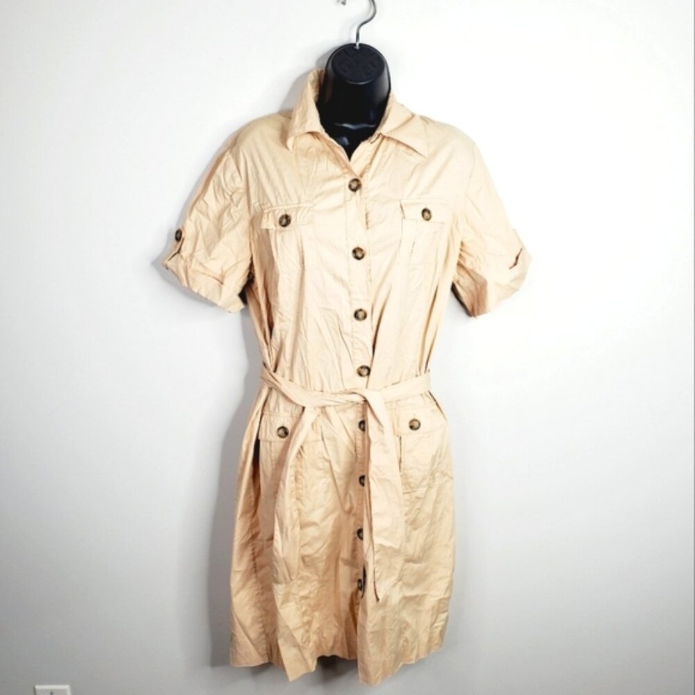 Anne Klein Cotton Safari Preppy Old Money Belted Button Down Shirt Dress 12